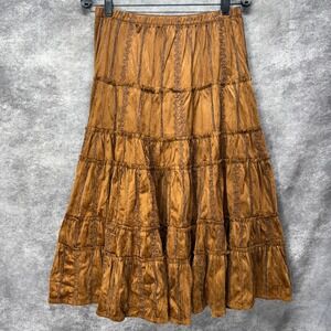 Coldwater Creek Tiered Peasant Maxi Skirt Size PM Brown Ribbon Refair Pirate